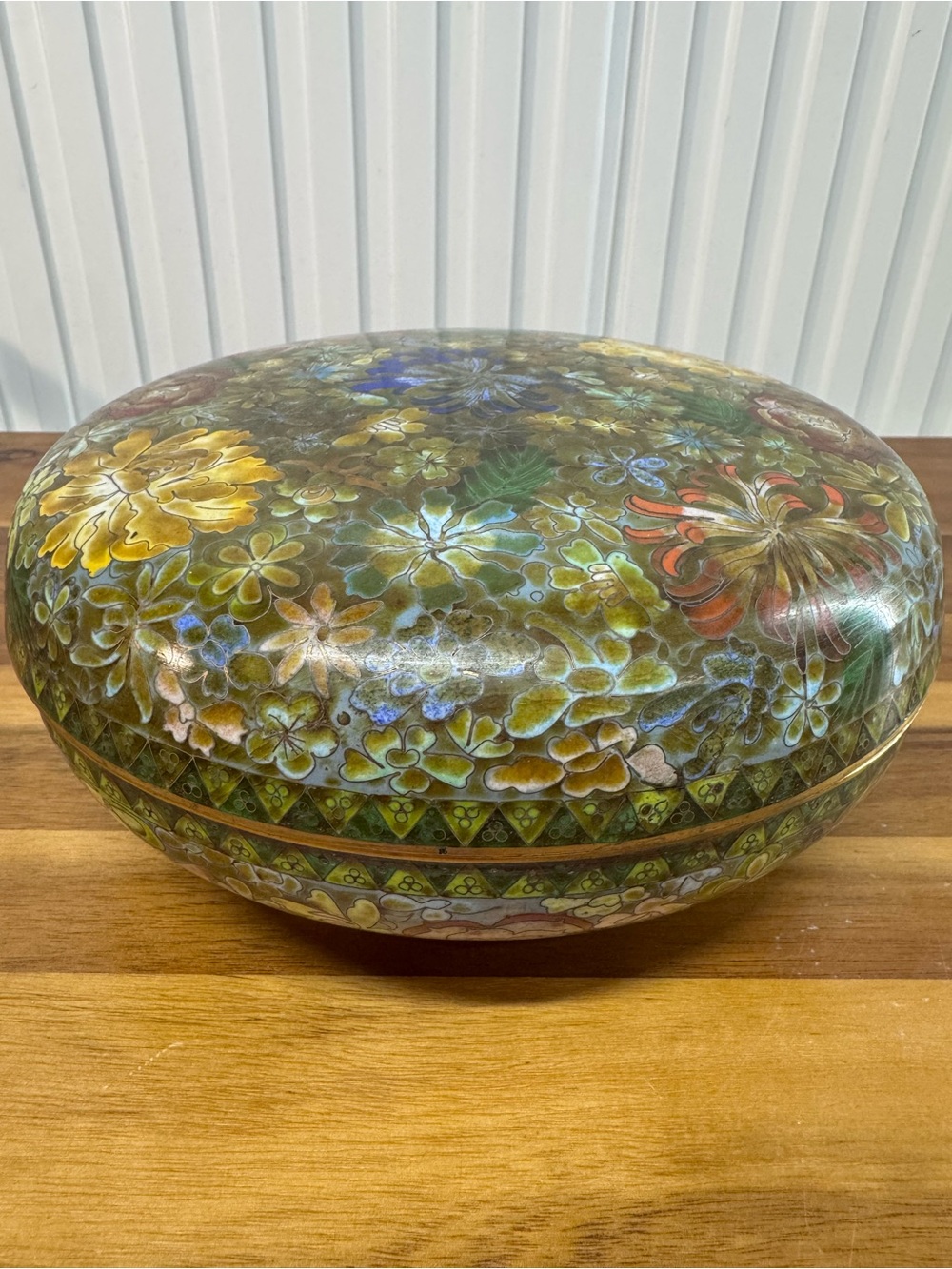 Vintage Large Chinese Cloisonne Enamel Divided Candy Box Lidded Bowl Floral